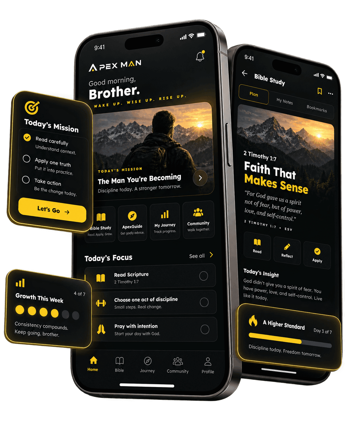 ApexMan app screens showing a daily mission, growth progress, and a contextual Bible study