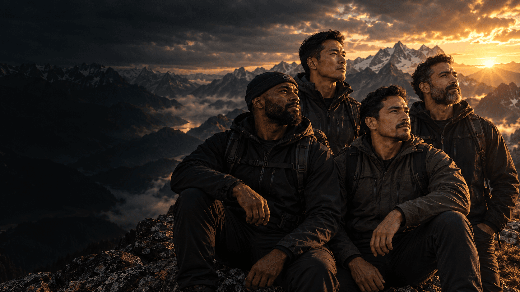 Four ethnically diverse men standing together on a mountain ridge at sunrise